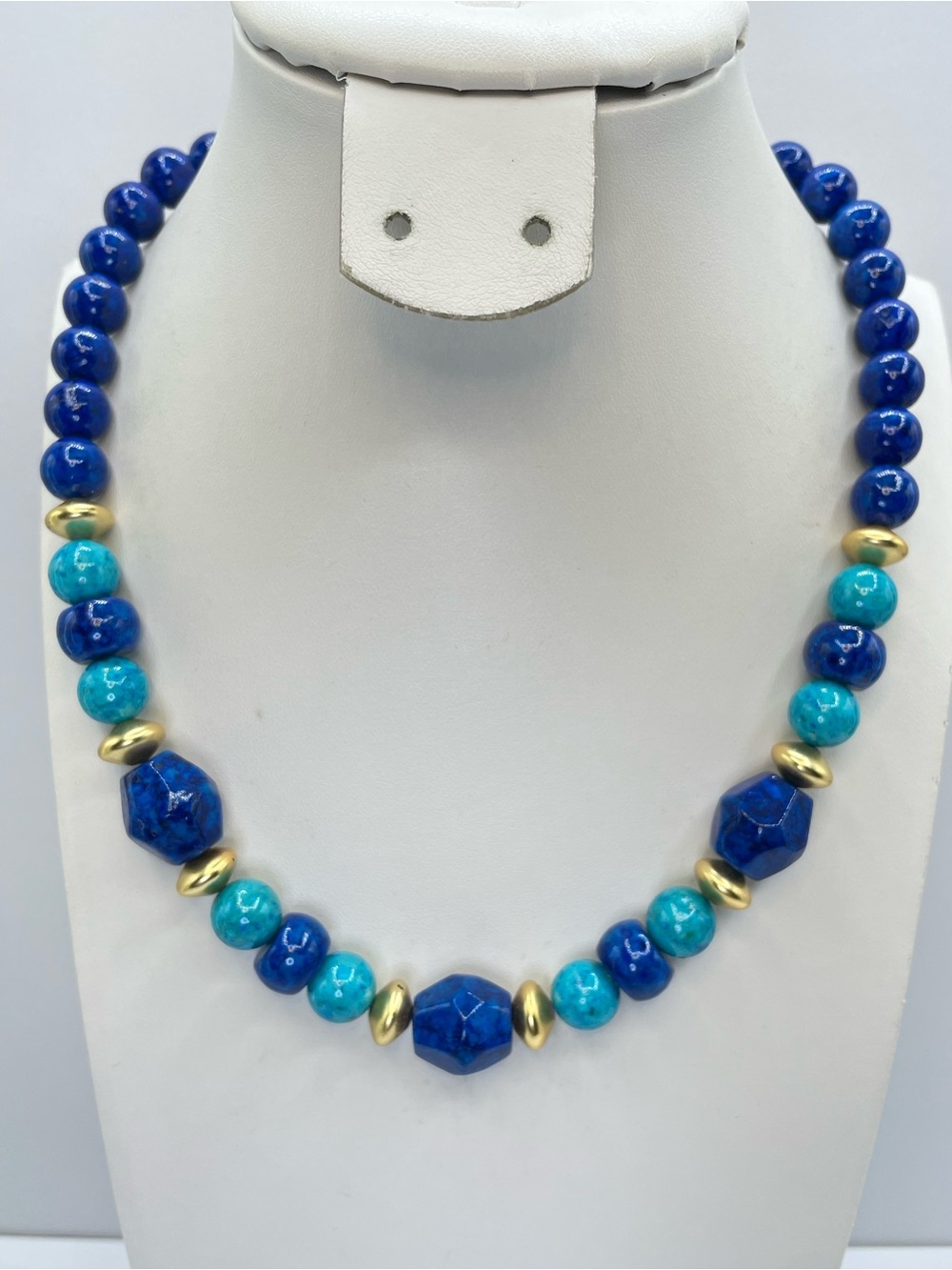 Gold Tone Blue Ceramic Beaded Statement Necklace Turquoise Cobalt Boho